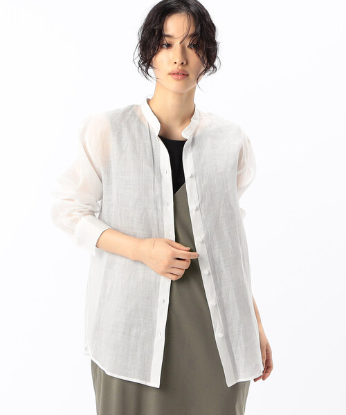 Gabardine K.T(ギャバジンケーティー)の「〔 +サイズ 〕 シアー ラミー麻 バンドカラーシャツ(シャツ/ブラウス・レディース・ブラック/ホワイト・15号)」の4枚目の写真