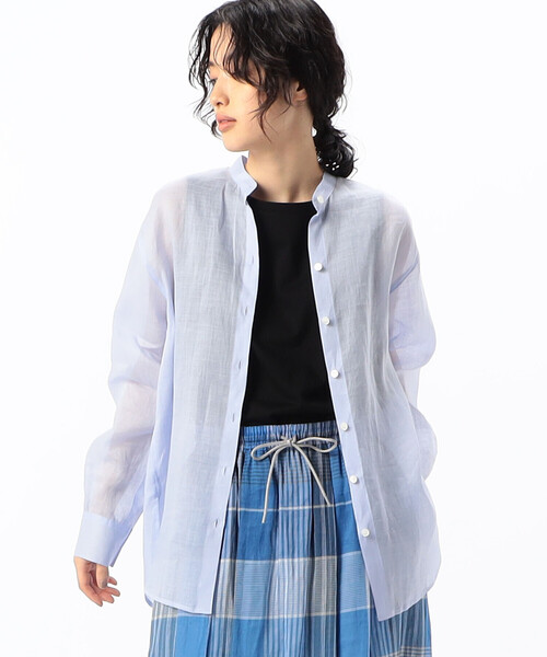 Gabardine K.T(ギャバジンケーティー)の「〔 +サイズ 〕 シアー ラミー麻 バンドカラーシャツ(シャツ/ブラウス・レディース・ブラック/ホワイト・15号)」の10枚目の写真