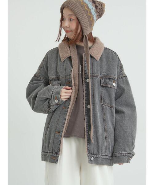Samansa Mos2（サマンサ モスモス）の「デニムボアジャケット（ノーカラージャケット・レディース・ネイビー/ブラック/ブルー・F）」の2枚目の写真