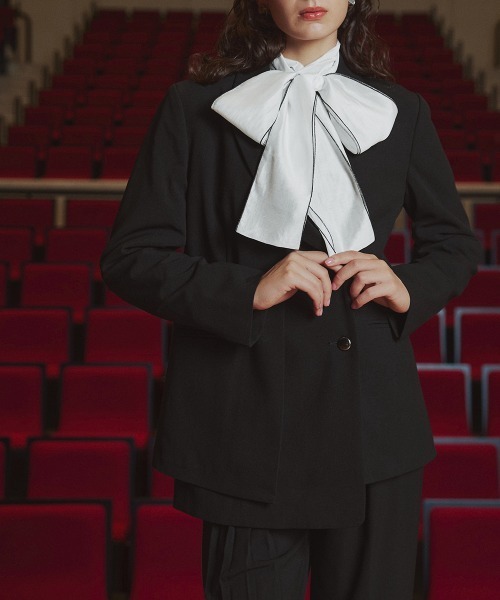 Callarus（カラルス）の「＜単品＞シアーボイルボウタイリボンデザインブラウス〔Callarus〕（シャツ/ブラウス・レディース・ホワイト×ブラック/ブラック/オフホワイト・S/M/L/LL/3L）」の10枚目の写真