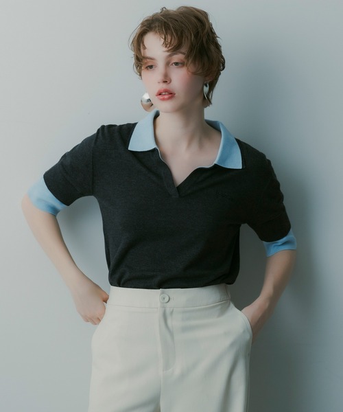 SERENO(セレーノ)の「レイヤードカラー ニットシャツ(ニット/セーター・レディース・グレー/カーキ/ベージュ・M/S/L)」の13枚目の写真