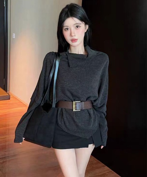 AsheKsha(アシクシャ)の「不規則なラペルが上品なニットトップス(ニット/セーター・レディース・ダークグレー/モカ・M)」の5枚目の写真