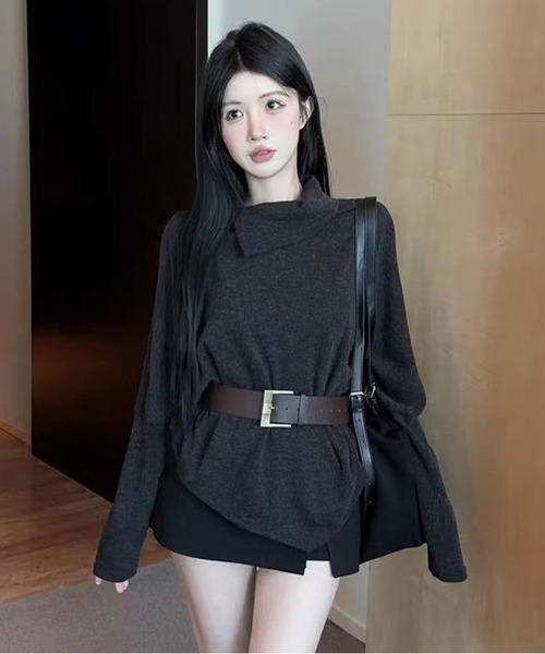 AsheKsha(アシクシャ)の「不規則なラペルが上品なニットトップス(ニット/セーター・レディース・ダークグレー/モカ・M)」の6枚目の写真