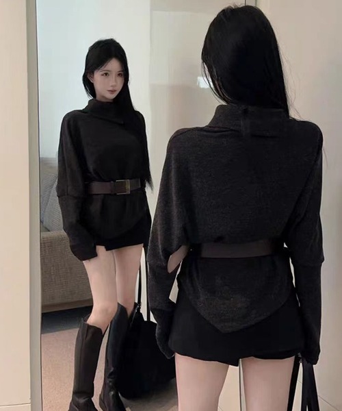 AsheKsha(アシクシャ)の「不規則なラペルが上品なニットトップス(ニット/セーター・レディース・ダークグレー/モカ・M)」の7枚目の写真