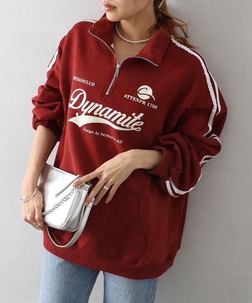 SpRay（スプレイ）の「袖ラインロゴハーフＺＩＰ（スウェット・レディース・チャコールグレー/ネイビー/グレー/オートミール/ボルドー・FREE）」の5枚目の写真