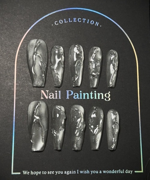 Y2Kシルバーニュアンスうるちゅるネイルチップ ロング バレリーナ