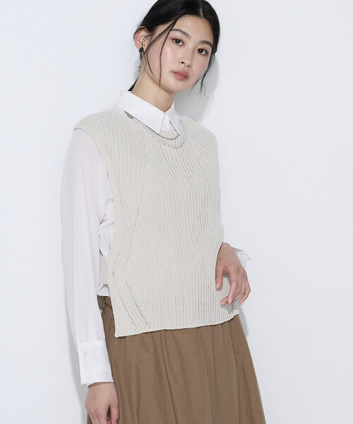 K.T KIYOKO TAKASE(キヨコタカセ)の「和紙混ドライタッチ ニットジレ(ベスト・レディース・ネイビー/ベージュ・FREE)」の2枚目の写真