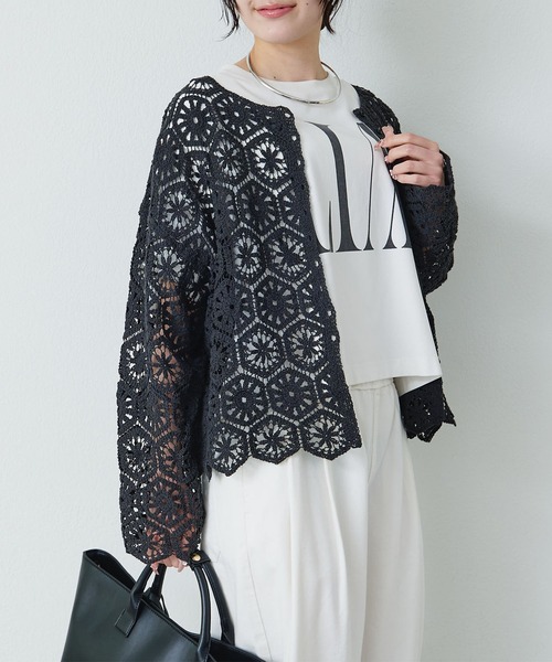 PUAL CE CIN（ピュアルセシン）の「かぎ針編み風2WAYカーディガン（カーディガン/ボレロ・レディース・チャコールグレー/オフホワイト・FREE）」の15枚目の写真
