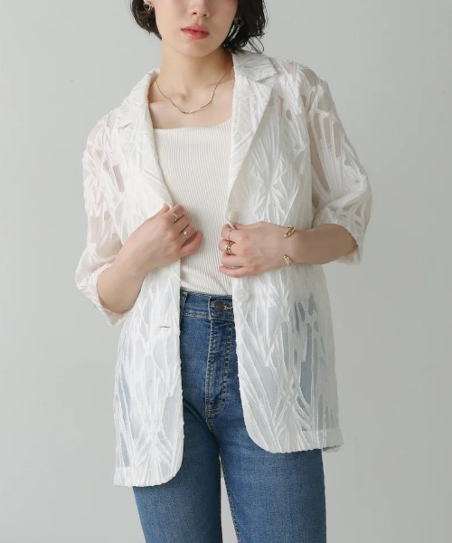 Bou Jeloud(ブージュルード)の「シアーレース五分袖ジャケット(テーラードジャケット・レディース・オフホワイト/ブラック・MEDIUM)」の1枚目の写真