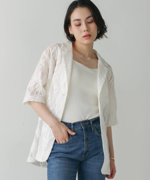 Bou Jeloud(ブージュルード)の「シアーレース五分袖ジャケット(テーラードジャケット・レディース・オフホワイト/ブラック・MEDIUM)」の4枚目の写真