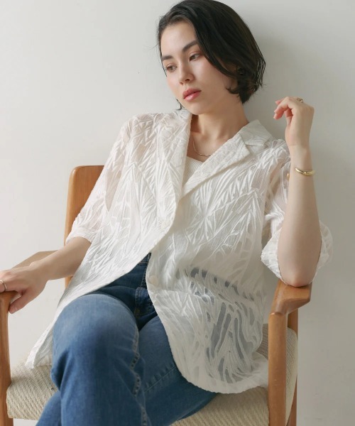 Bou Jeloud(ブージュルード)の「シアーレース五分袖ジャケット(テーラードジャケット・レディース・オフホワイト/ブラック・MEDIUM)」の7枚目の写真