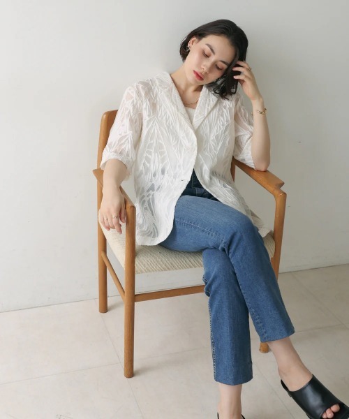 Bou Jeloud(ブージュルード)の「シアーレース五分袖ジャケット(テーラードジャケット・レディース・オフホワイト/ブラック・MEDIUM)」の8枚目の写真