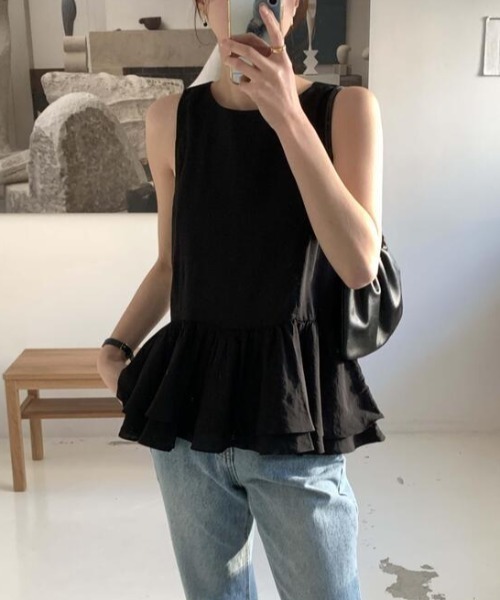 FREE STYLISTS(フリー スタイリスト)の「YUGA_YGMC Frilled tiered blouse(Tシャツ/カットソー・レディース・ブラック/オフホワイト/グレー・FREE)」の6枚目の写真