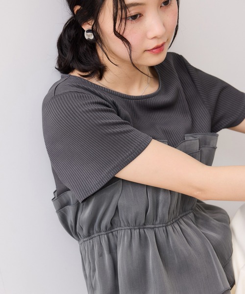 VIS(ビス)の「チェック&無地ビスチェドッキング半袖プルオーバー/イージーケア(Tシャツ/カットソー・レディース・スミクロ/グレー/キナリ/ホワイト系その他5・FREE)」の3枚目の写真