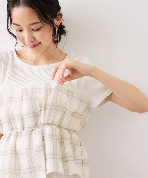 VIS(ビス)の「チェック&無地ビスチェドッキング半袖プルオーバー/イージーケア(Tシャツ/カットソー・レディース・スミクロ/グレー/キナリ/ホワイト系その他5・FREE)」の1枚目の写真