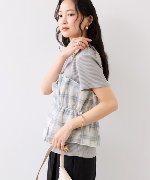 VIS(ビス)の「チェック&無地ビスチェドッキング半袖プルオーバー/イージーケア(Tシャツ/カットソー・レディース・スミクロ/グレー/キナリ/ホワイト系その他5・FREE)」の20枚目の写真