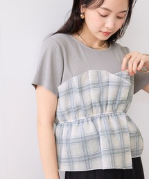 VIS（ビス）の「チェック＆無地ビスチェドッキング半袖プルオーバー/イージーケア（Tシャツ/カットソー）」