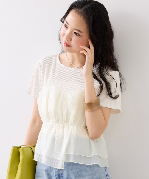 VIS(ビス)の「チェック&無地ビスチェドッキング半袖プルオーバー/イージーケア(Tシャツ/カットソー・レディース・スミクロ/グレー/キナリ/ホワイト系その他5・FREE)」の6枚目の写真