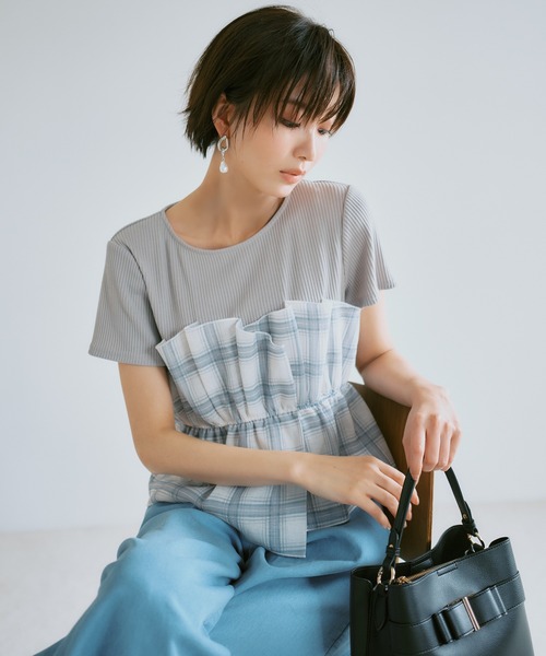 VIS(ビス)の「チェック&無地ビスチェドッキング半袖プルオーバー/イージーケア(Tシャツ/カットソー・レディース・スミクロ/グレー/キナリ/ホワイト系その他5・FREE)」の5枚目の写真