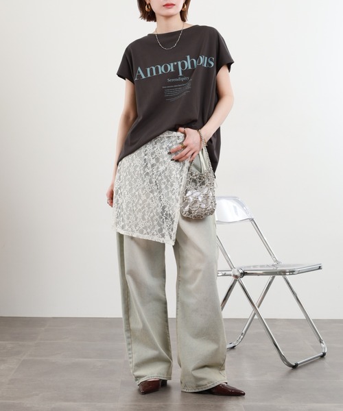 hunch（ハンチ）の「hunch フレンチスリーブオーバーサイズカットソー 半袖（Tシャツ/カットソー・レディース・チャコール/オフホワイト/ブラウン/イエロー・FREE）」の20枚目の写真