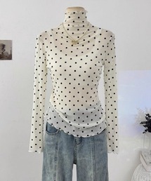 ドット柄 シアー長袖 メロウ ハイネックトップス
