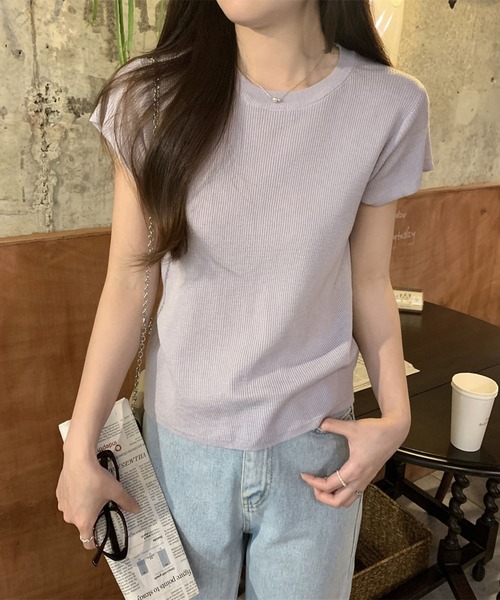 LAFFMO(ラフモ)の「クルーネックショートスリーブニット(Tシャツ/カットソー・レディース・ブルー/イエロー/パープル/グリーン・F)」の4枚目の写真