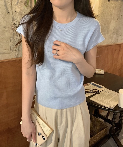 LAFFMO(ラフモ)の「クルーネックショートスリーブニット(Tシャツ/カットソー・レディース・ブルー/イエロー/パープル/グリーン・F)」の3枚目の写真
