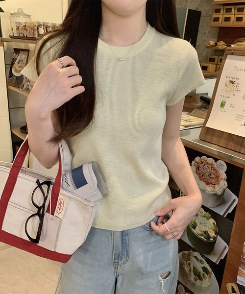 LAFFMO(ラフモ)の「クルーネックショートスリーブニット(Tシャツ/カットソー・レディース・ブルー/イエロー/パープル/グリーン・F)」の11枚目の写真