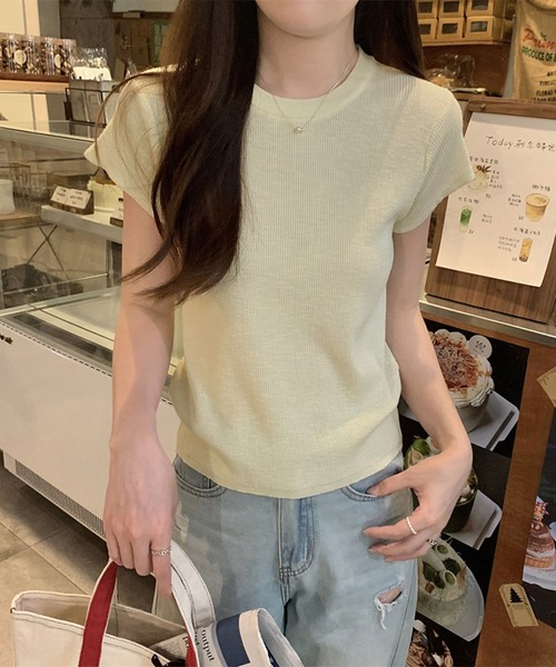 LAFFMO(ラフモ)の「クルーネックショートスリーブニット(Tシャツ/カットソー・レディース・ブルー/イエロー/パープル/グリーン・F)」の13枚目の写真