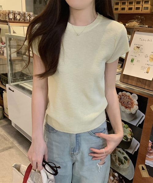 LAFFMO(ラフモ)の「クルーネックショートスリーブニット(Tシャツ/カットソー・レディース・ブルー/イエロー/パープル/グリーン・F)」の14枚目の写真