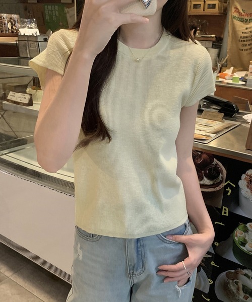 LAFFMO(ラフモ)の「クルーネックショートスリーブニット(Tシャツ/カットソー・レディース・ブルー/イエロー/パープル/グリーン・F)」の20枚目の写真