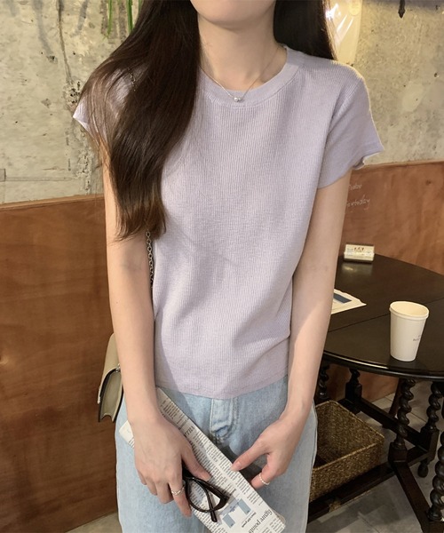 LAFFMO(ラフモ)の「クルーネックショートスリーブニット(Tシャツ/カットソー・レディース・ブルー/イエロー/パープル/グリーン・F)」の8枚目の写真