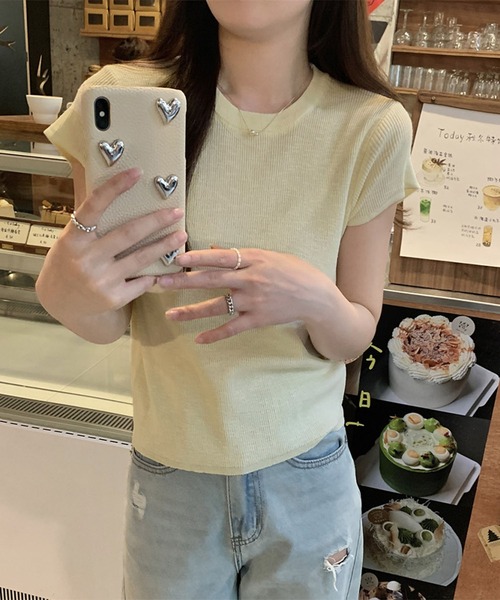 LAFFMO(ラフモ)の「クルーネックショートスリーブニット(Tシャツ/カットソー・レディース・ブルー/イエロー/パープル/グリーン・F)」の15枚目の写真