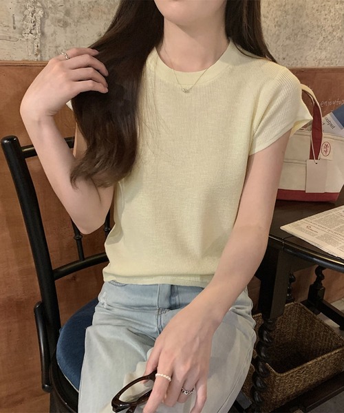 LAFFMO(ラフモ)の「クルーネックショートスリーブニット(Tシャツ/カットソー・レディース・ブルー/イエロー/パープル/グリーン・F)」の18枚目の写真