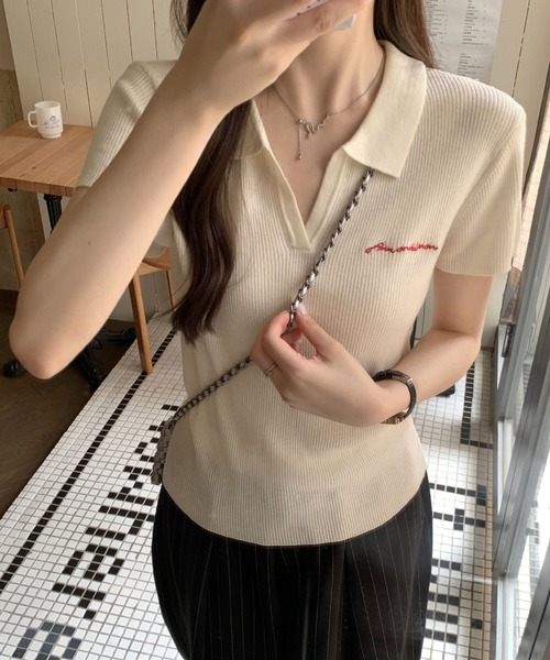2ly2(トゥーリートゥー)の「ポロニット 半袖 レディース リブニット 襟付きトップス ワンポイント刺繍(ニット/セーター・レディース・グレー/アイボリー・FREE)」の15枚目の写真