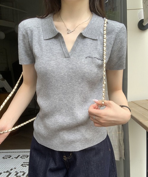 2ly2(トゥーリートゥー)の「ポロニット 半袖 レディース リブニット 襟付きトップス ワンポイント刺繍(ニット/セーター・レディース・グレー/アイボリー・FREE)」の18枚目の写真