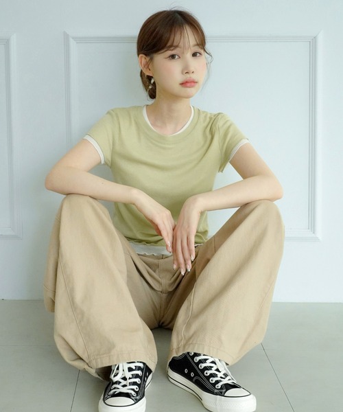 by muni:r(バイ ムニール)の「【選べる5色・着用動画あり】ウェーブシアー半袖Tシャツ(Tシャツ/カットソー・レディース・イエロー/ホワイト/パープル/スカイブルー/ライトカーキ・FREE)」の2枚目の写真