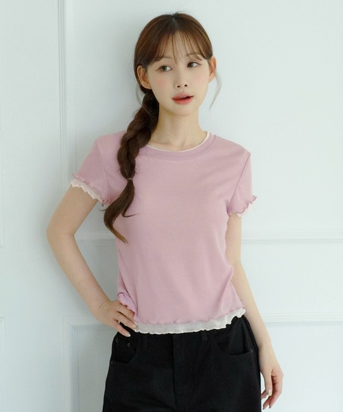 by muni:r(バイ ムニール)の「【選べる5色・着用動画あり】ウェーブシアー半袖Tシャツ(Tシャツ/カットソー・レディース・イエロー/ホワイト/パープル/スカイブルー/ライトカーキ・FREE)」の4枚目の写真
