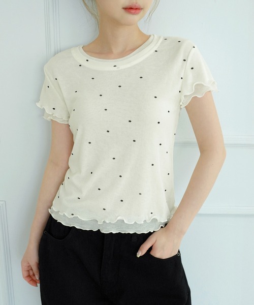 by muni:r(バイ ムニール)の「【選べる5色・着用動画あり】ウェーブシアー半袖Tシャツ(Tシャツ/カットソー・レディース・イエロー/ホワイト/パープル/スカイブルー/ライトカーキ・FREE)」の1枚目の写真
