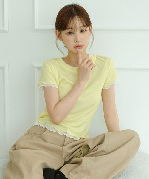 by muni:r(バイ ムニール)の「【選べる5色・着用動画あり】ウェーブシアー半袖Tシャツ(Tシャツ/カットソー・レディース・イエロー/ホワイト/パープル/スカイブルー/ライトカーキ・FREE)」の5枚目の写真