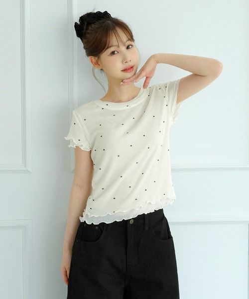 by muni:r(バイ ムニール)の「【選べる5色・着用動画あり】ウェーブシアー半袖Tシャツ(Tシャツ/カットソー・レディース・イエロー/ホワイト/パープル/スカイブルー/ライトカーキ・FREE)」の7枚目の写真