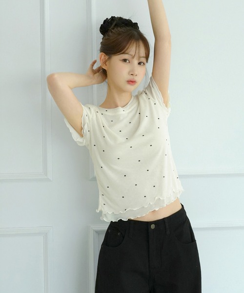 by muni:r(バイ ムニール)の「【選べる5色・着用動画あり】ウェーブシアー半袖Tシャツ(Tシャツ/カットソー・レディース・イエロー/ホワイト/パープル/スカイブルー/ライトカーキ・FREE)」の9枚目の写真