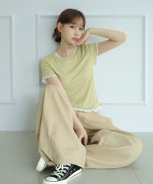 by muni:r(バイ ムニール)の「【選べる5色・着用動画あり】ウェーブシアー半袖Tシャツ(Tシャツ/カットソー・レディース・イエロー/ホワイト/パープル/スカイブルー/ライトカーキ・FREE)」の15枚目の写真