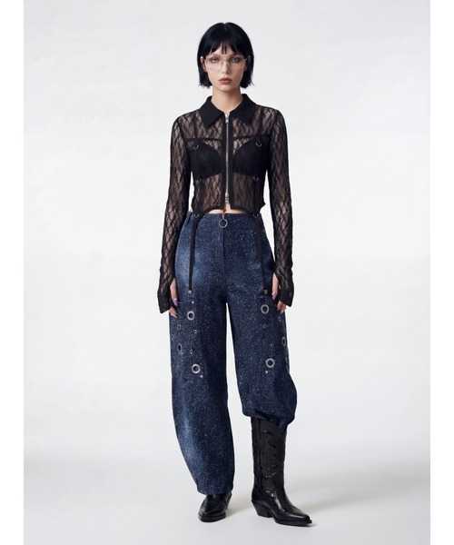 TAJEN:T（タジェント）の「【TAJEN:T】NEEDLE PUNCH EYELET CURVE DENIM/ニードルパンチアイレットカーブデニム（デニムパンツ・レディース・ブルー/ブラック・2/1）」の3枚目の写真