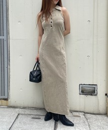 ヴィンテージライク襟付きノースリーブ/半袖 ロングワンピース