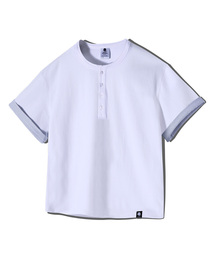 クロップストライプ配色ロールアップヘンリーネック半袖Tシャツ GT-393_ホワイト