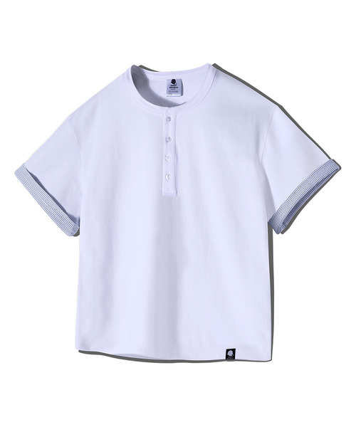 GHOST REPUBLIC(ゴーストリパブリック)の「クロップストライプ配色ロールアップヘンリーネック半袖Tシャツ GT-393_ホワイト(Tシャツ/カットソー・レディース・ホワイト・MEDIUM/LARGE/X-LARGE)」の1枚目の写真
