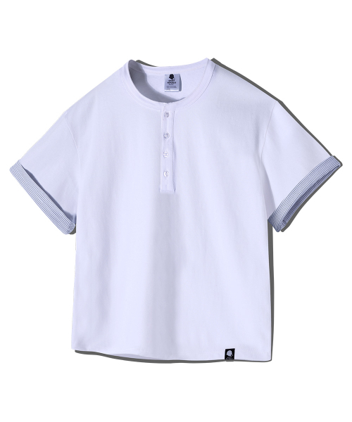 GHOST REPUBLIC(ゴーストリパブリック)の「クロップストライプ配色ロールアップヘンリーネック半袖Tシャツ GT-393_ホワイト(Tシャツ/カットソー・レディース・ホワイト・MEDIUM/LARGE/X-LARGE)」の2枚目の写真
