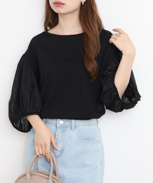 FUNALIVE（ファンアライブ）の「Comoely Closet チュールで作るバルーンスリーブトップス 半端袖（Tシャツ/カットソー・レディース・グレー/ブラック・M/S）」の3枚目の写真