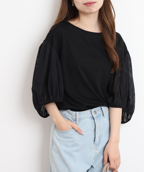 FUNALIVE（ファンアライブ）の「Comoely Closet チュールで作るバルーンスリーブトップス 半端袖（Tシャツ/カットソー・レディース・グレー/ブラック・M/S）」の4枚目の写真